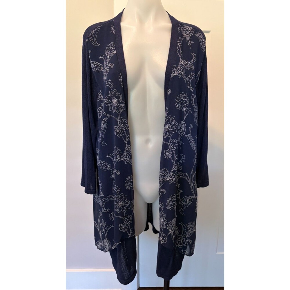 CHICOS Womens Open CARDIGAN 3/4 Sleeve BLUE white FLORAL Size 4 (XXL)